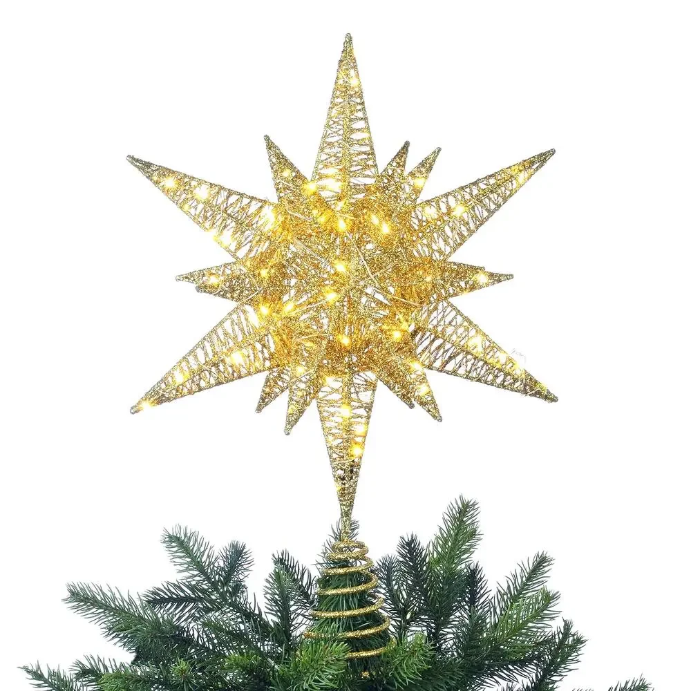 Champagne Gold Glitter Star Light Up LED Christmas Tree Topper 15.5